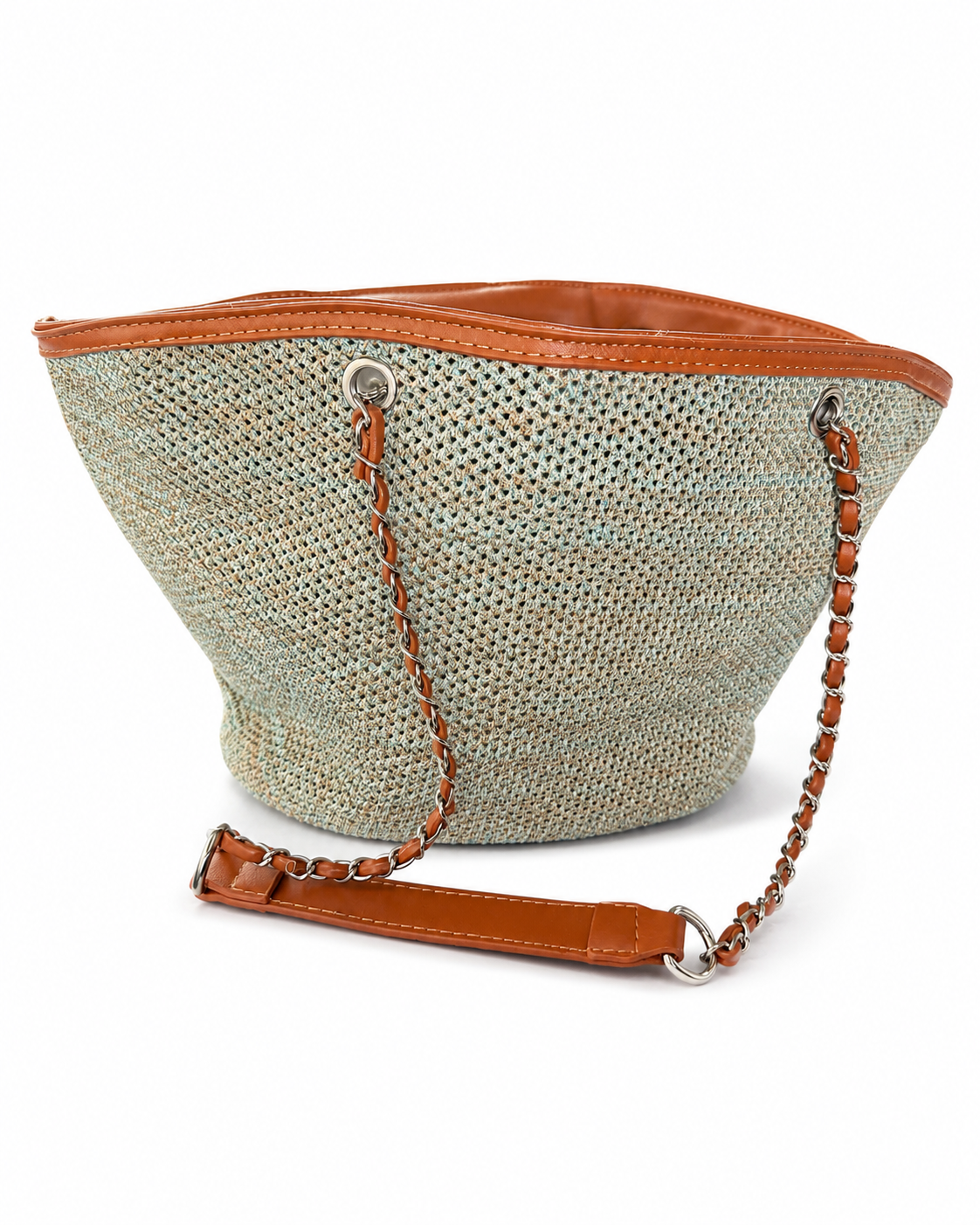 Woven Raffia & Cognac Chain Shoulder Bag