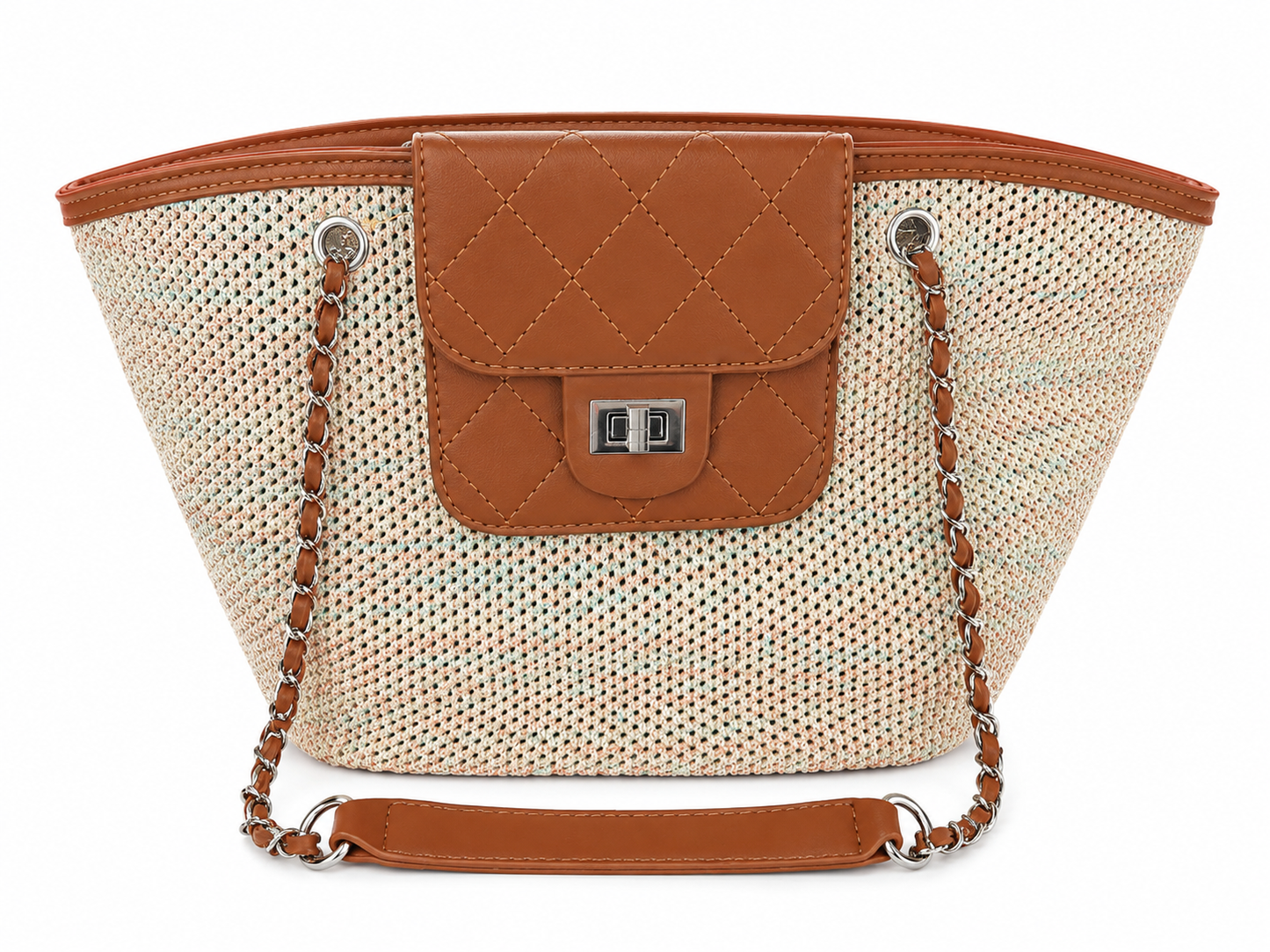 Cream Woven Raffia Chain Strap Tote Bag