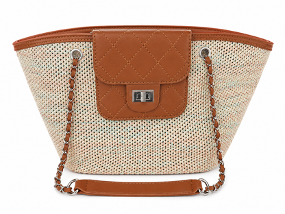 Cream Woven Raffia Chain Strap Tote Bag
