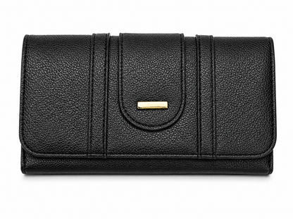 Classic Black Pebbled Tri-Fold Clutch Wallet