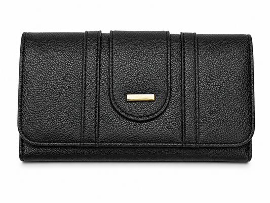 Classic Black Pebbled Tri-Fold Clutch Wallet