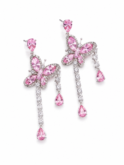 Pink Butterfly Crystal Cascade Earrings