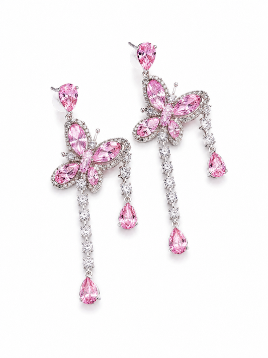 Pink Butterfly Crystal Cascade Earrings