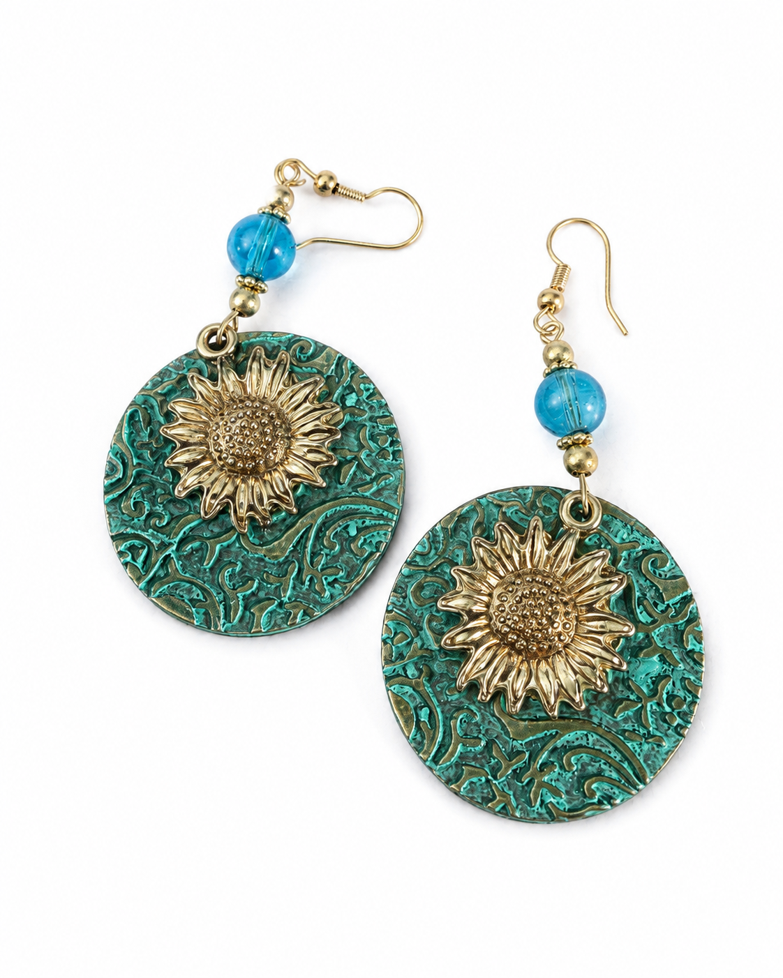 Turquoise Sunflower Boho Drop Earrings