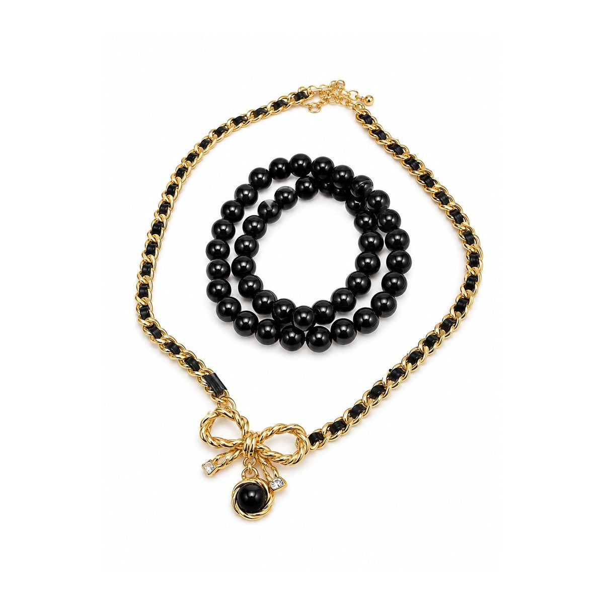 Black & Gold Bow Charm Necklace & Beaded Bracelet Set