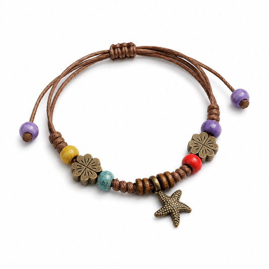 Boho Adjustable Charm Bracelet – Starfish & Floral Beaded Bracelet