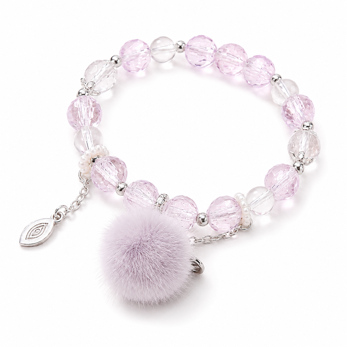 Lavender Crystal Beaded Bracelet – Pom-Pom Charm Stretch Bracelet