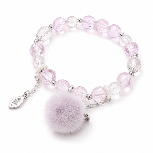 Lavender Crystal Beaded Bracelet – Pom-Pom Charm Stretch Bracelet