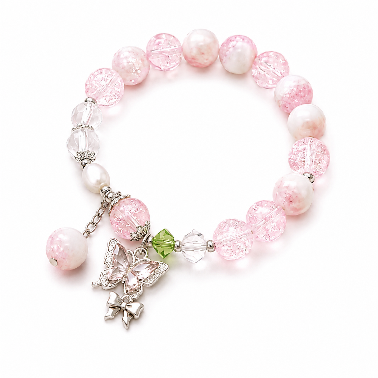 Pink Butterfly Charm Bracelet – Sparkle Beaded Stretch Bracelet