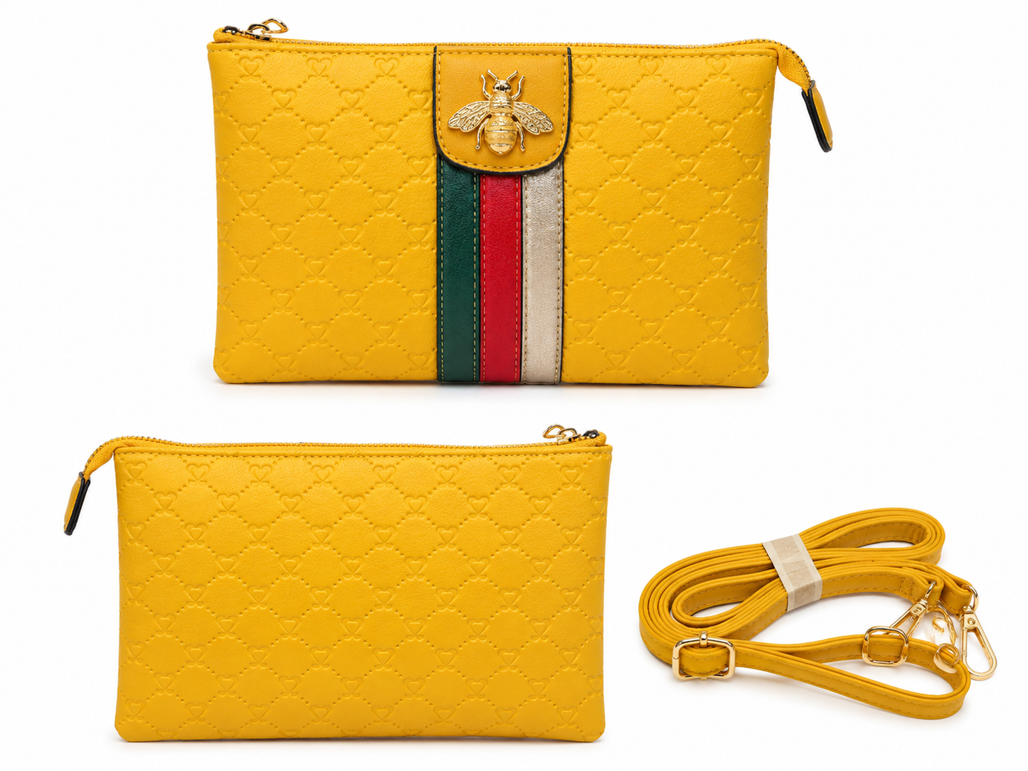 Mustard Yellow Bee Accent Vegan Leather Crossbody Wristlet
