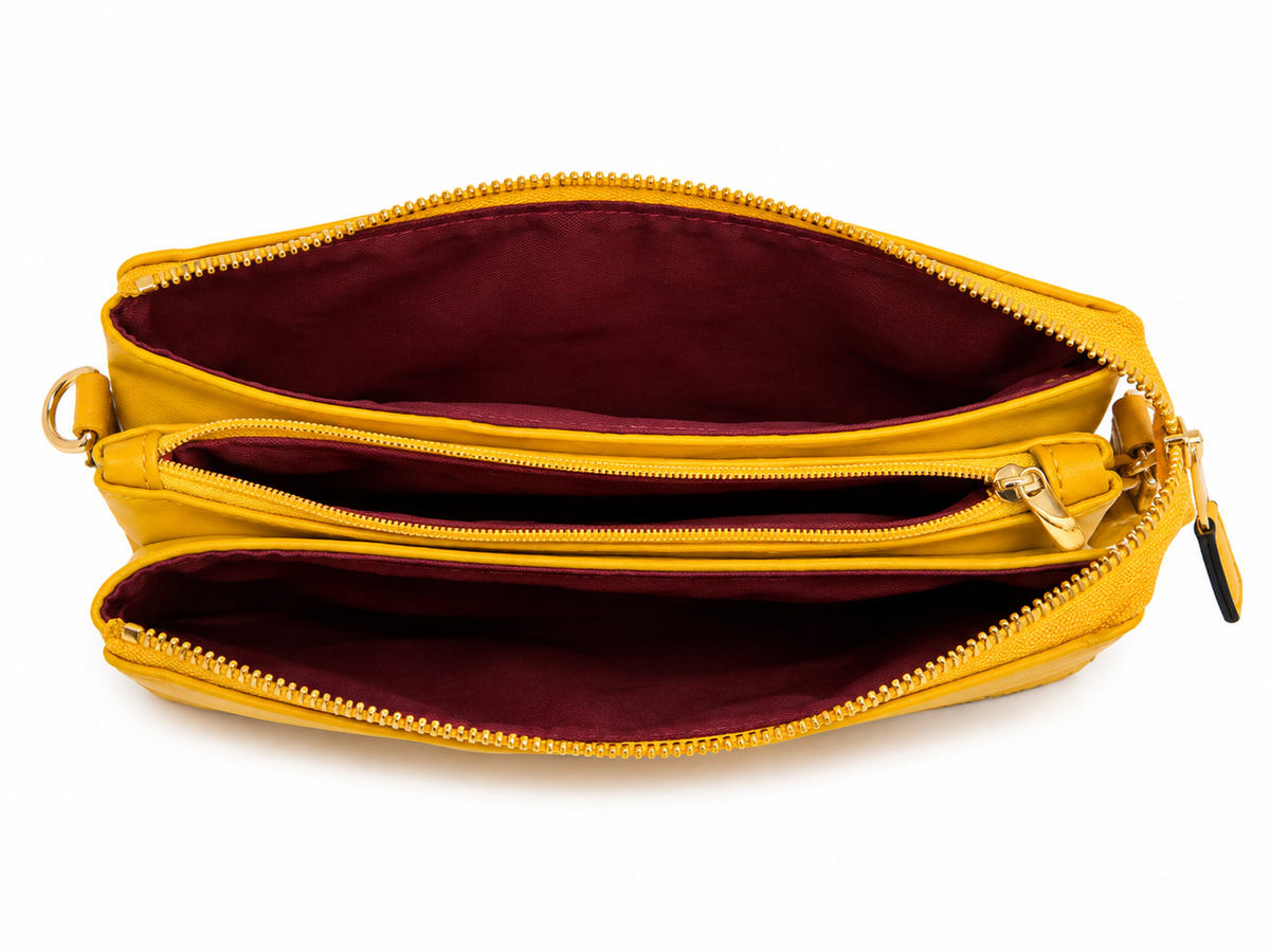 Mustard Yellow Bee Accent Vegan Leather Crossbody Wristlet