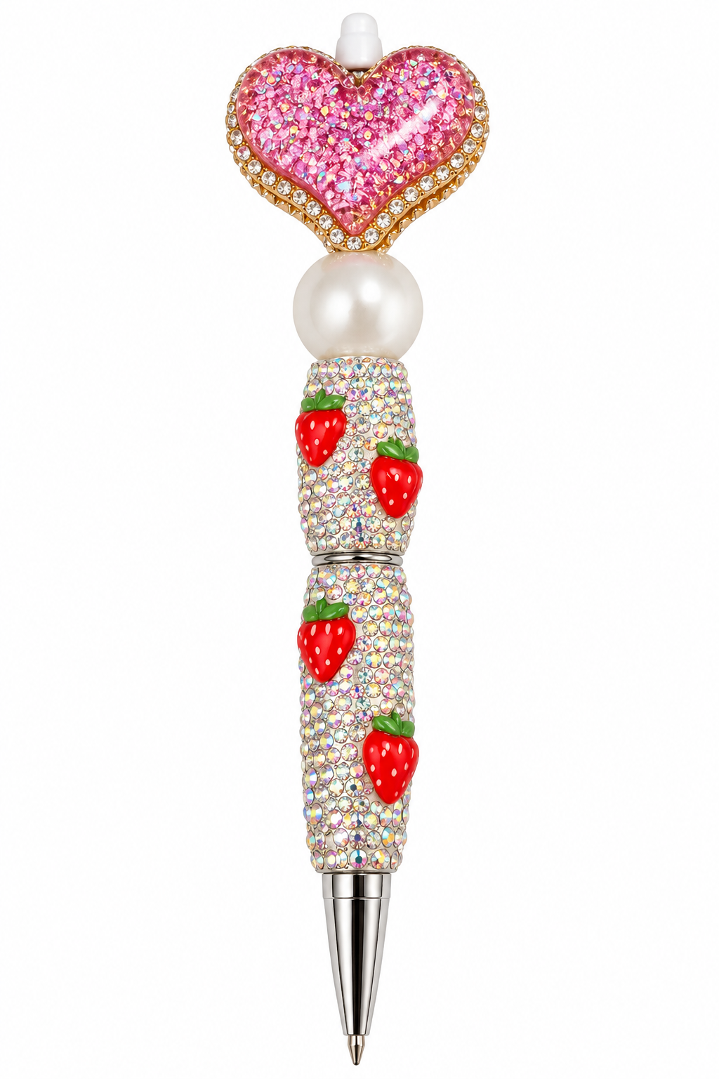 Pink Heart & Strawberry Rhinestone Beaded Pen