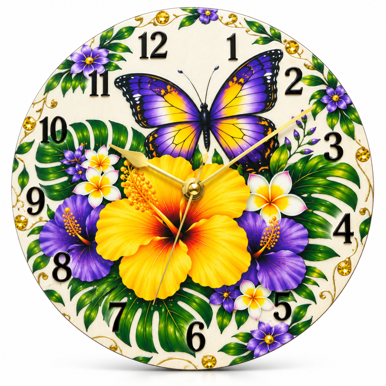 Tropical Butterfly & Hibiscus Floral Wall Clock