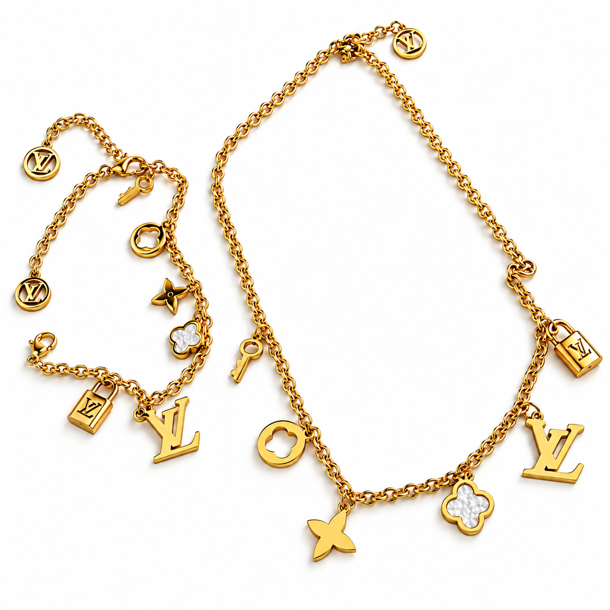 Gold Monogram-Inspired Charm Necklace & Bracelet Set