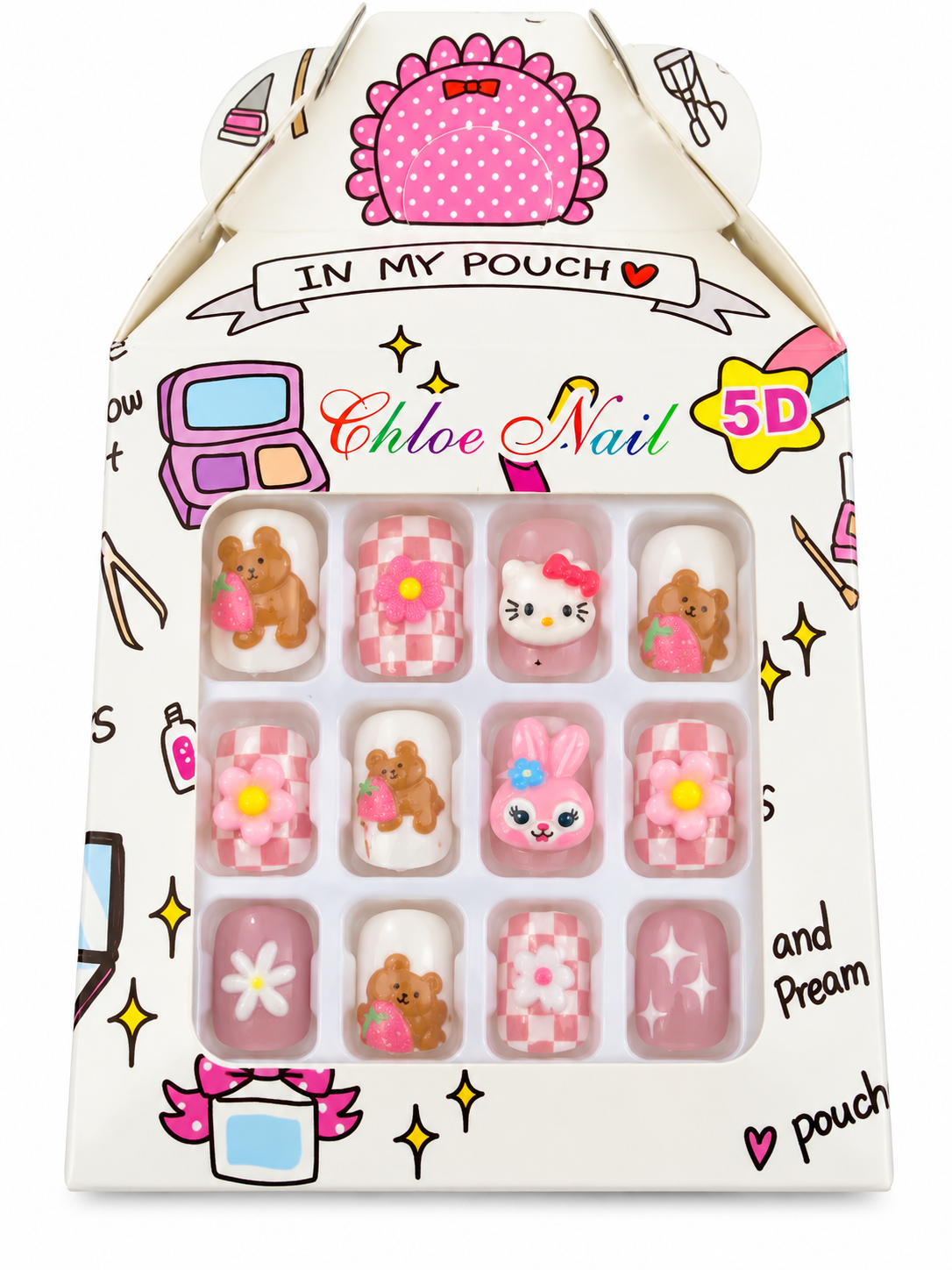 Kawaii 5D Press-On Nail Set – Pink Teddy Bear & Checkerboard Design