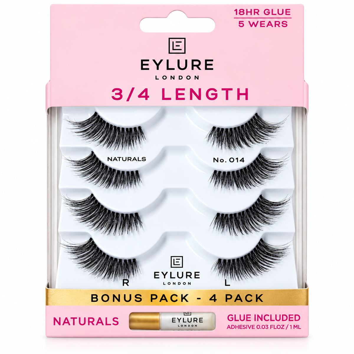 Eylure Naturals No. 014 3/4 Length Lashes – 4 Pack with Glue