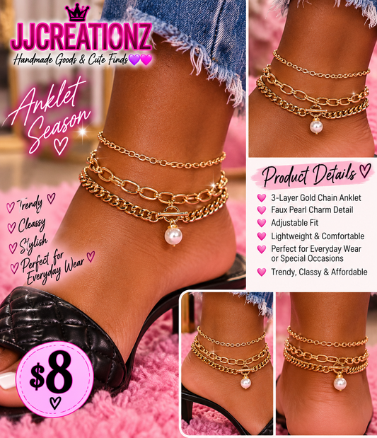 3-Layer Gold Chain Anklet with Pearl Charm