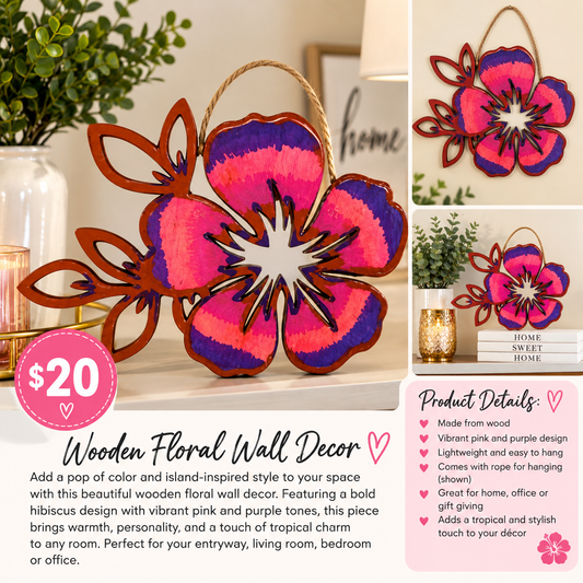 🌺 Tropical Hibiscus Wooden Wall Décor – Pink & Purple | $20