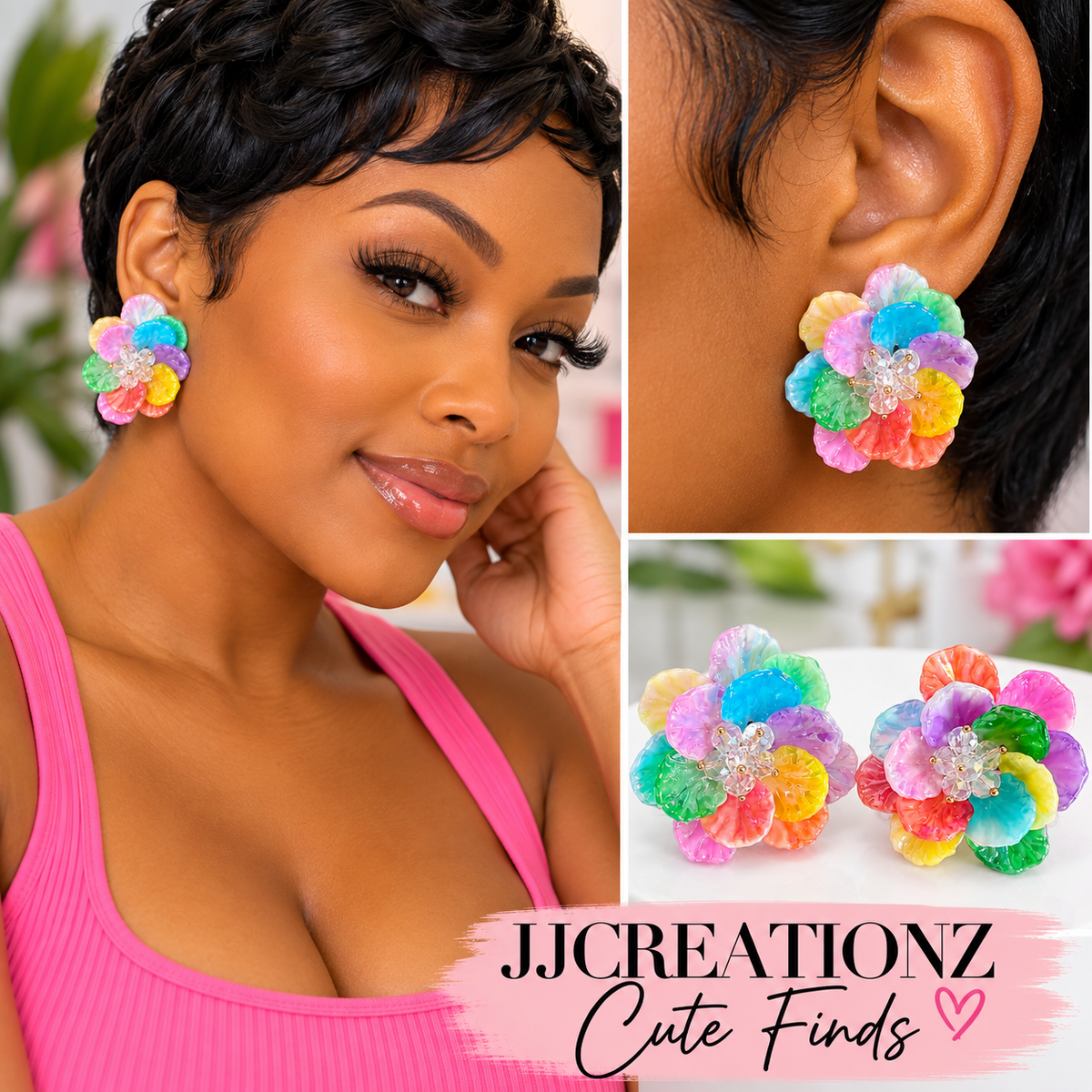 Rainbow Petal Crystal Statement Earrings