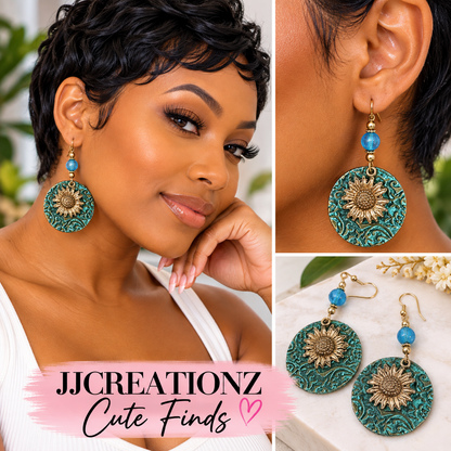 Turquoise Sunflower Boho Drop Earrings