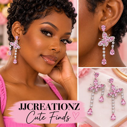 Pink Butterfly Crystal Cascade Earrings