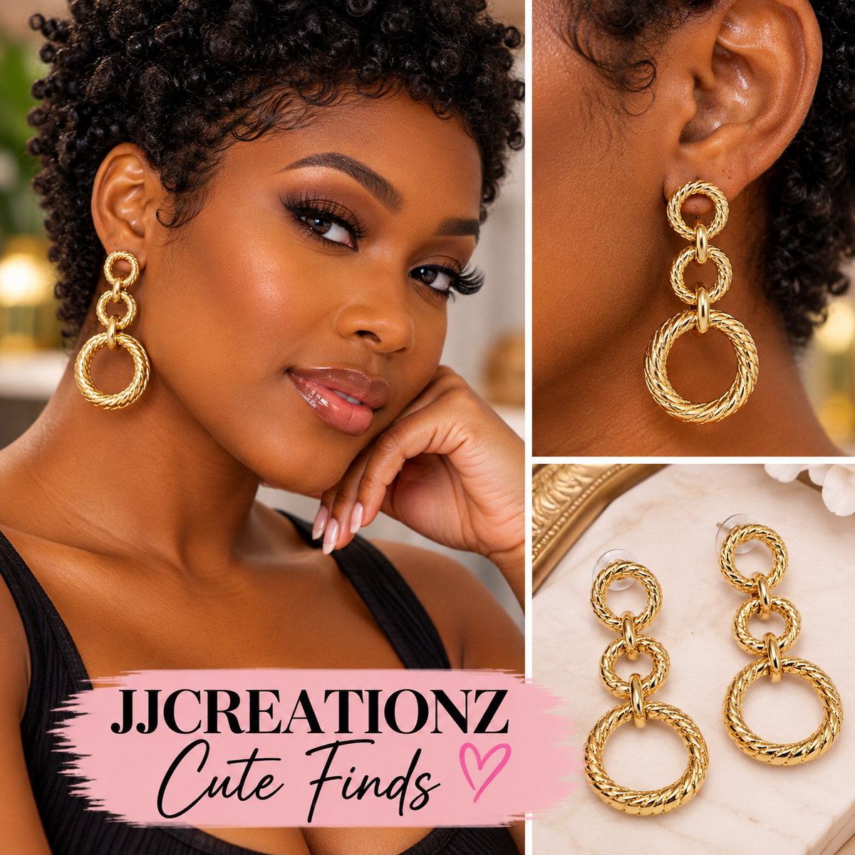 Golden Rope Triple Hoop Drop Earrings