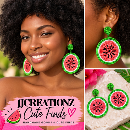 Handmade Beaded Watermelon Slice Earrings