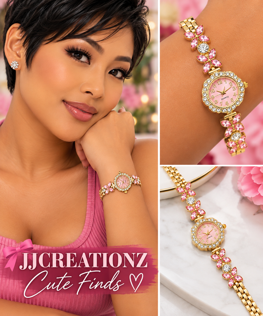 Pink Crystal Floral Gold-Tone Bracelet Watch