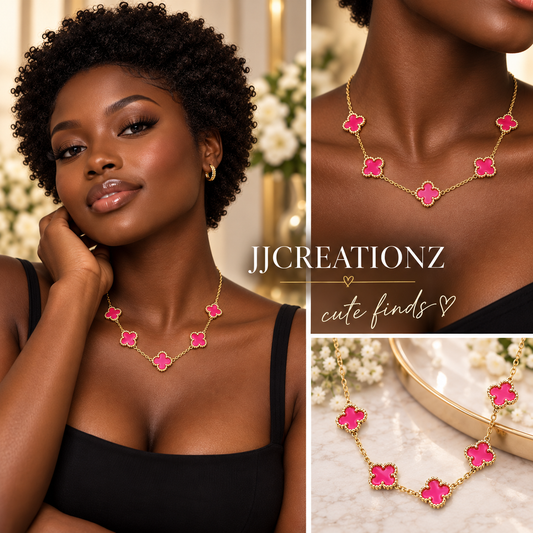 Hot Pink Clover Gold-Tone Station Necklace