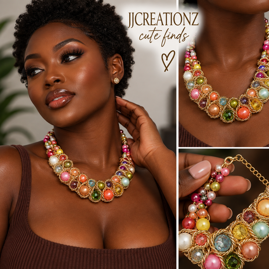 Multicolor Pearl and Crystal Gold Statement Necklace