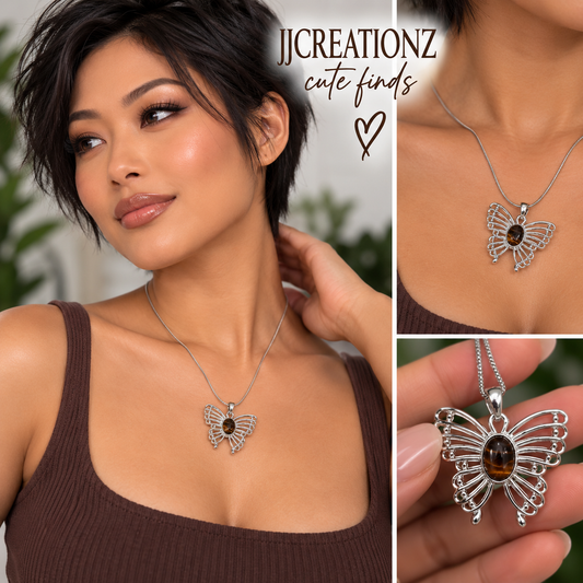 Silver Butterfly Gemstone Pendant Necklace