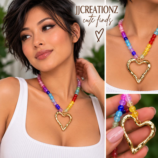 Rainbow Beaded Necklace with Oversized Gold Heart Pendant