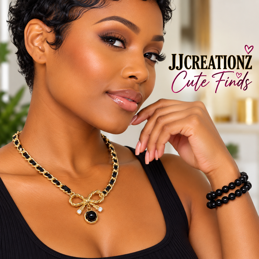 Black & Gold Bow Charm Necklace & Beaded Bracelet Set