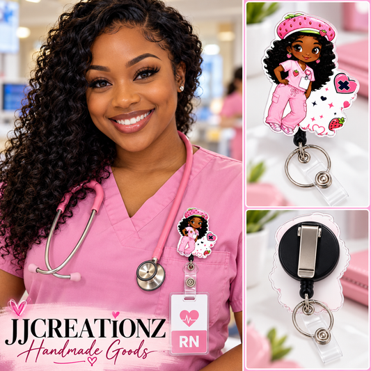 Strawberry Nurse Badge Reel – Cute Pink Scrub Design