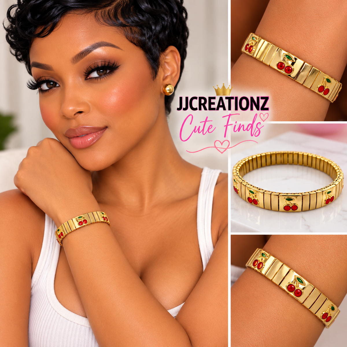 Cherry Charm Gold Stretch Bracelet 🍒