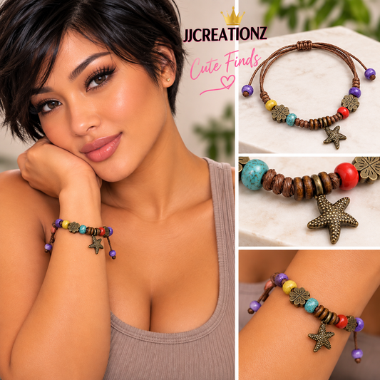 Boho Adjustable Charm Bracelet – Starfish & Floral Beaded Bracelet