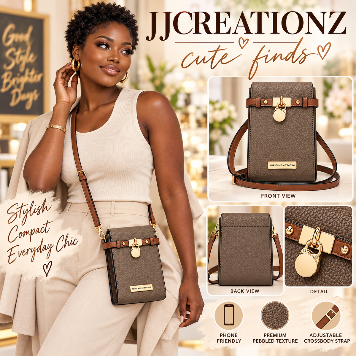 Adrienne Vittadini Taupe & Cognac Crossbody Bag