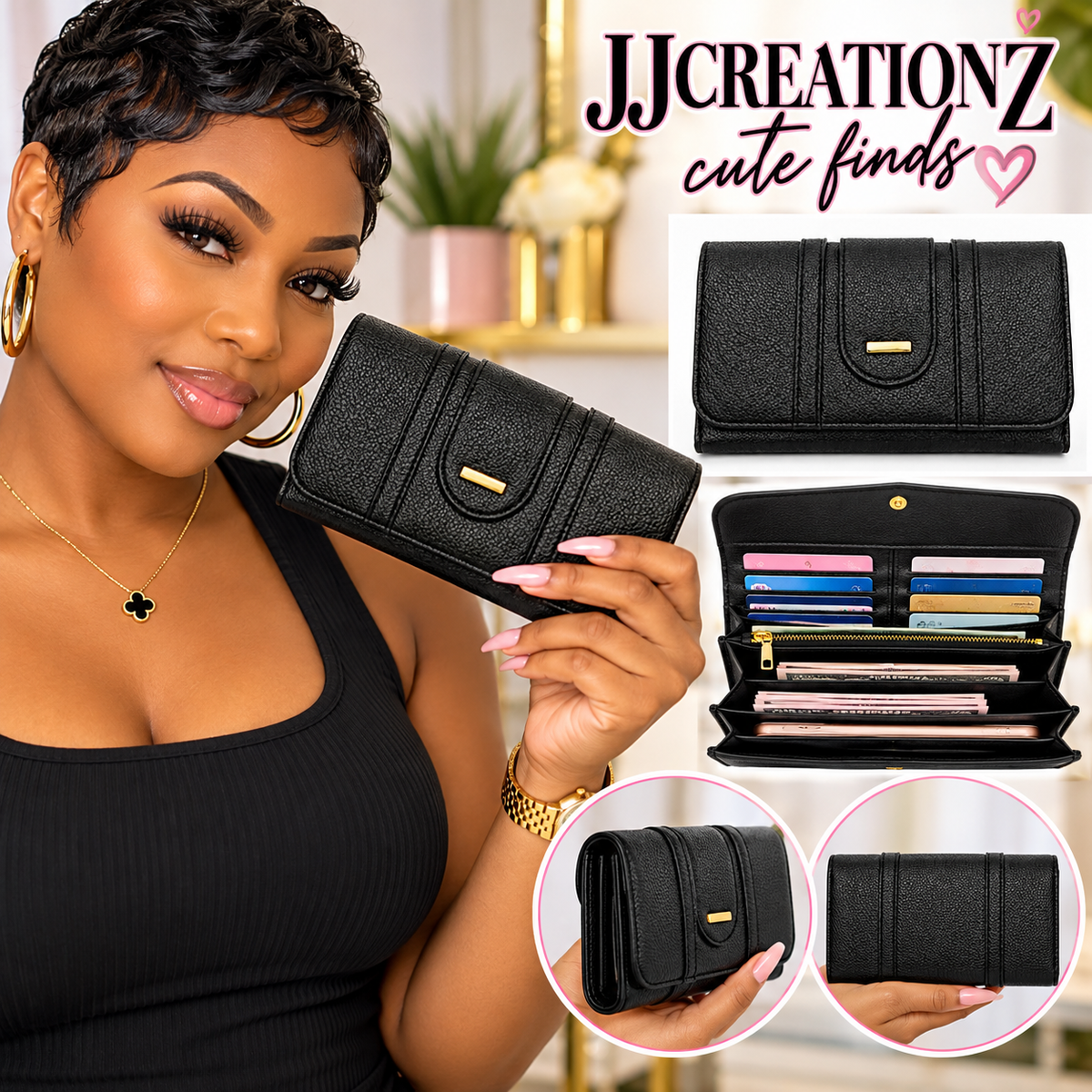 Classic Black Pebbled Tri-Fold Clutch Wallet