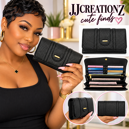 Classic Black Pebbled Tri-Fold Clutch Wallet