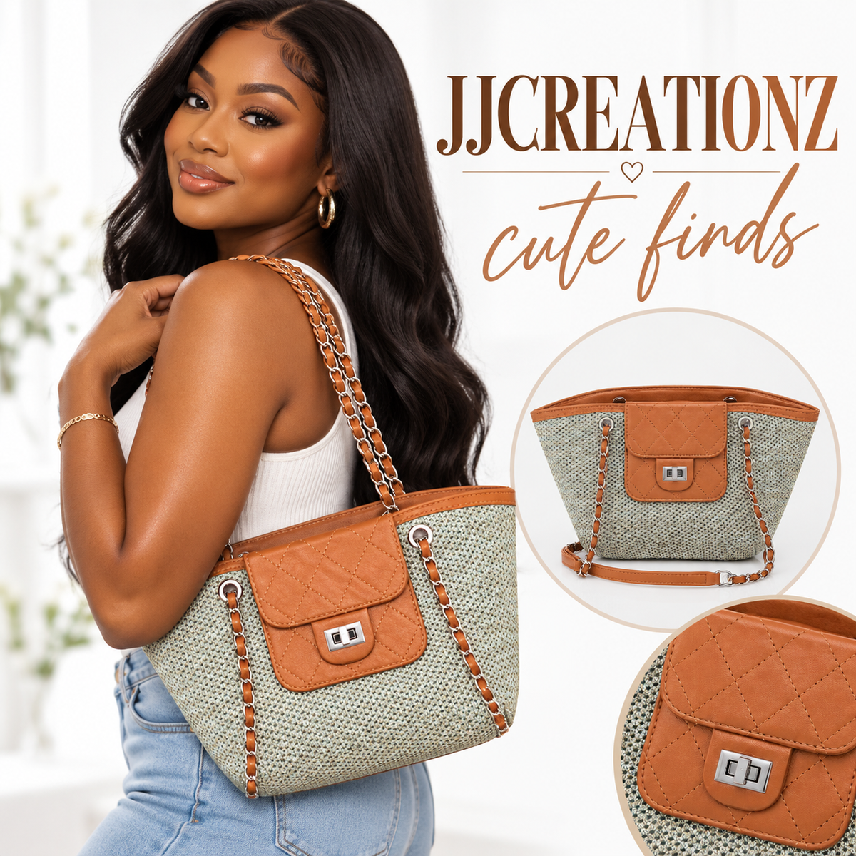 Woven Raffia & Cognac Chain Shoulder Bag