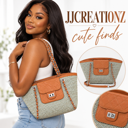 Woven Raffia & Cognac Chain Shoulder Bag