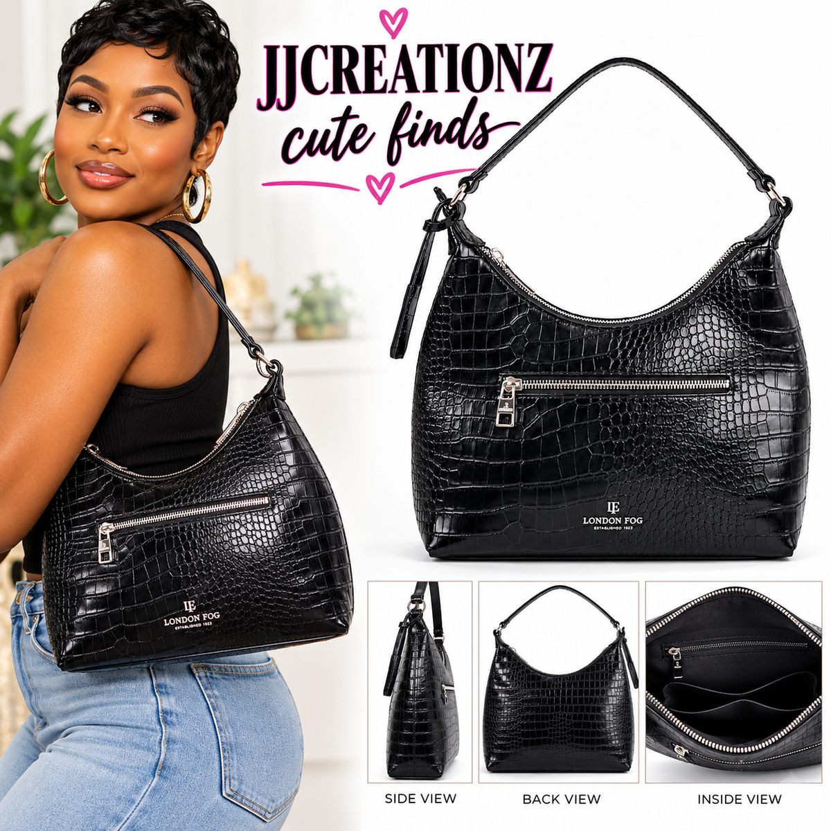 London Fog Black Croc-Embossed Hobo Shoulder Bag