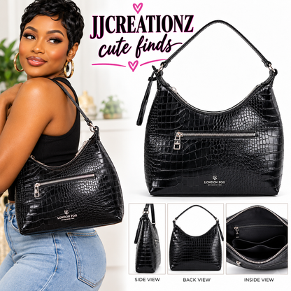 London Fog Black Croc-Embossed Hobo Shoulder Bag