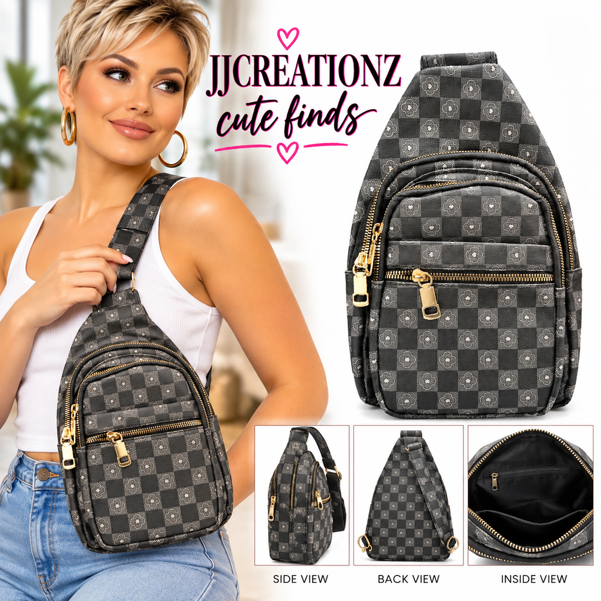 Charcoal Checkered Floral Sling Backpack