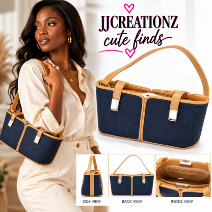 Navy Denim & Camel Double-Panel Shoulder Bag