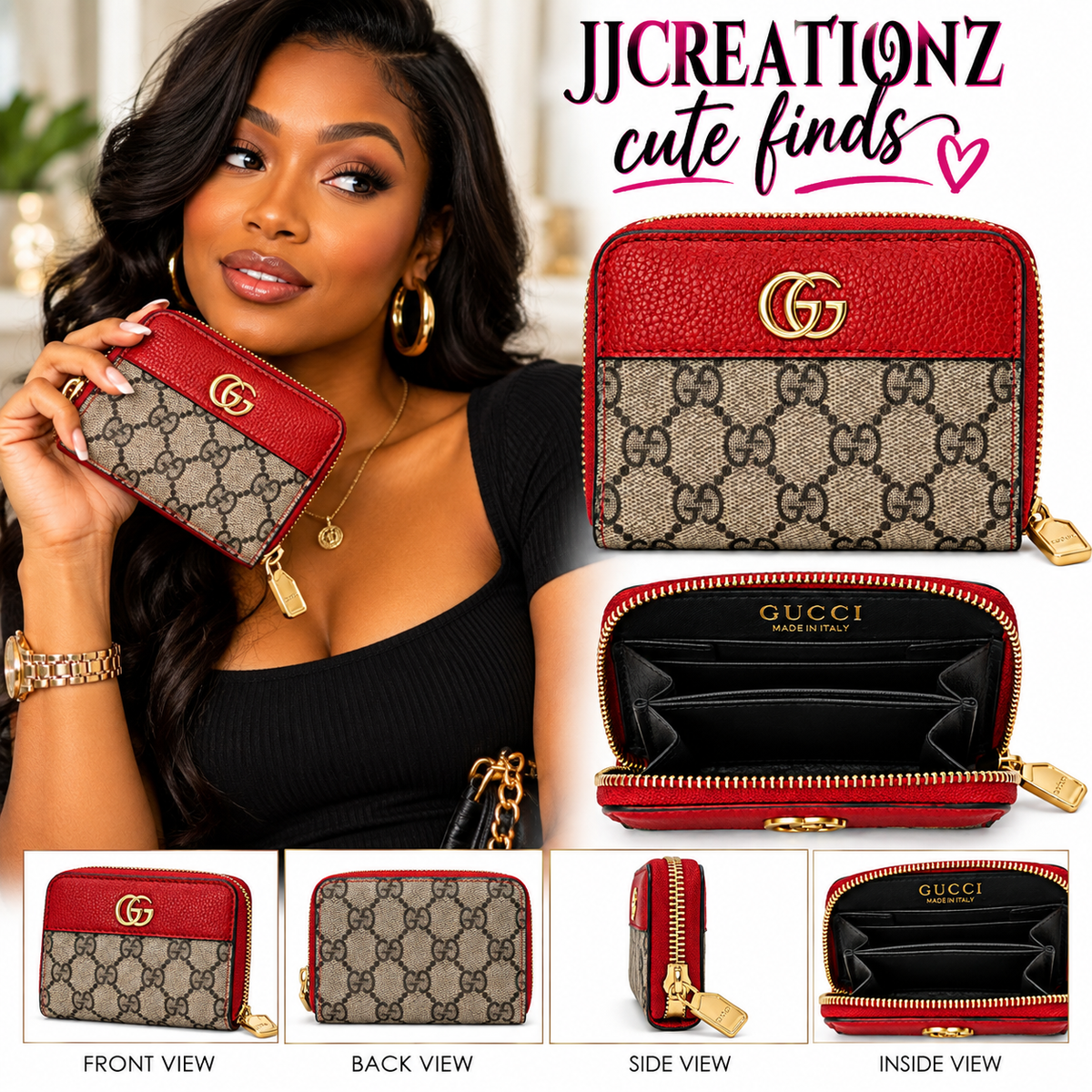 Red Monogram Zip-Around Compact Wallet