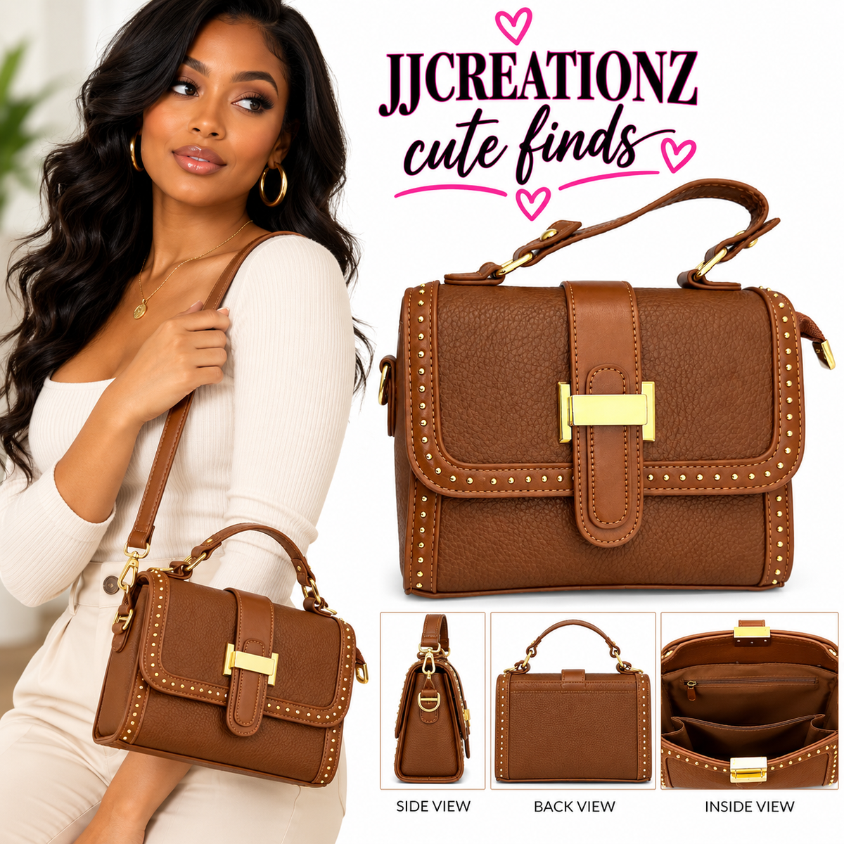 Cognac Brown Studded Structured Handbag