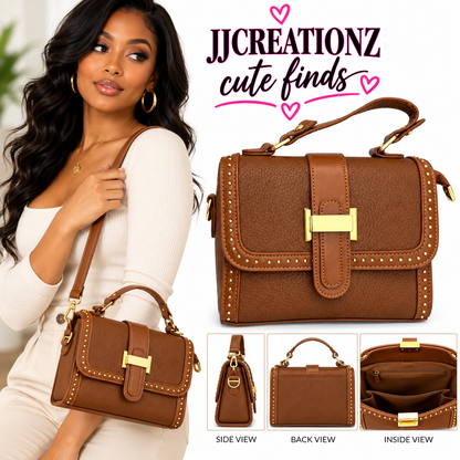 Cognac Brown Studded Structured Handbag
