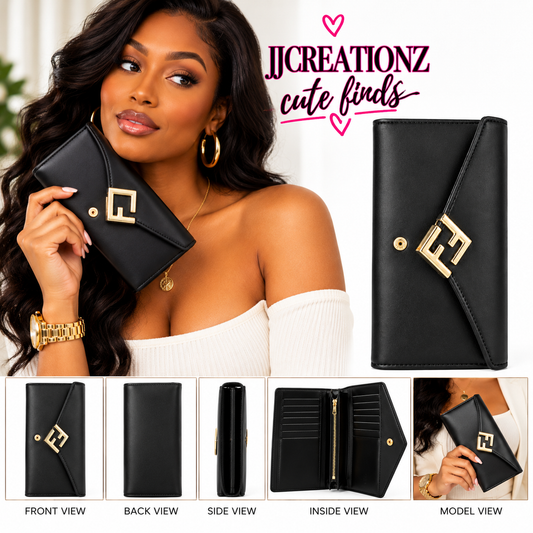 Black Envelope-Style Long Wallet with Gold-Tone Hardware