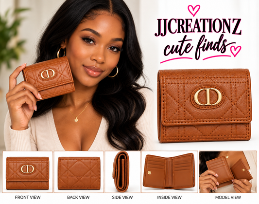 Cognac Brown Quilted Trifold Wallet with Gold-Tone Detail